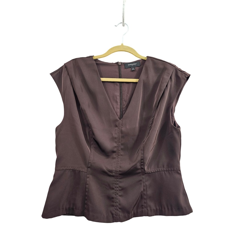 Banana Republic Peplum Top Women Size 12 Brown V Neck Sleeveless Back Zip Blouse
